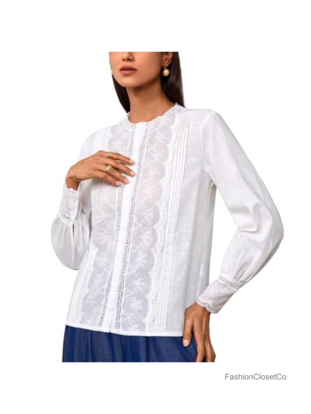 Women's Cotton Long Sleeve Blouse with Lace Embroidery & Pleats, Casual Work Top